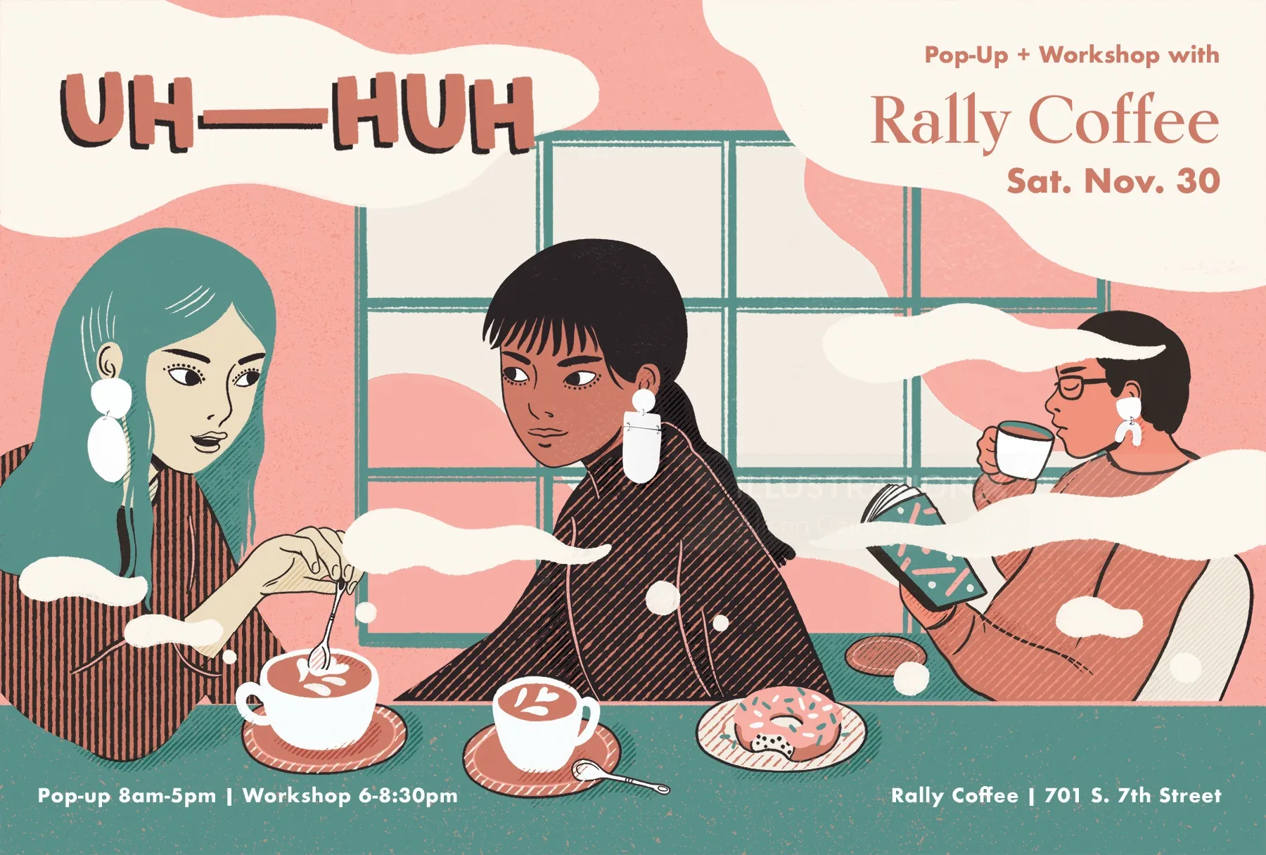Illustration of three people enjoying coffee at a workshop by Alison Kerry