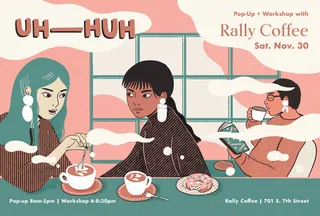 Illustration of three people enjoying coffee at a workshop by Alison Kerry