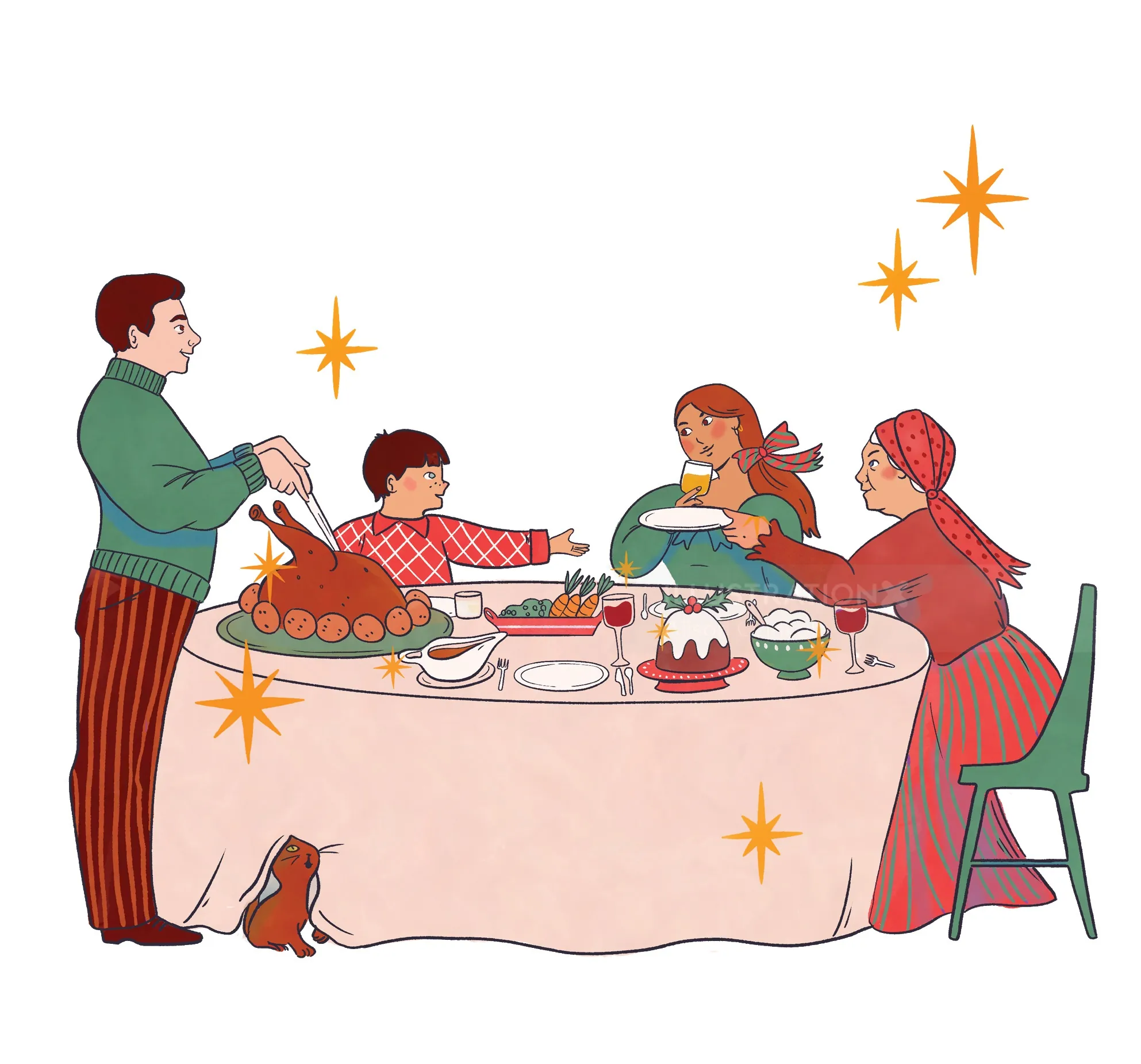 Family sharing holiday meal around table with festive dishes