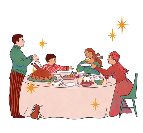 Family sharing holiday meal around table with festive dishes