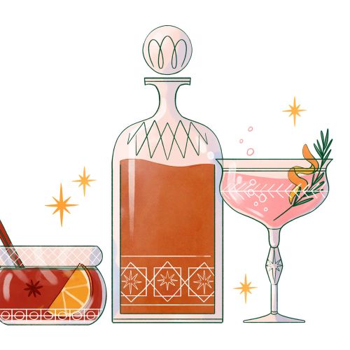 Illustration featuring cocktail bottle, glass with garnish, and cup of hot tea
