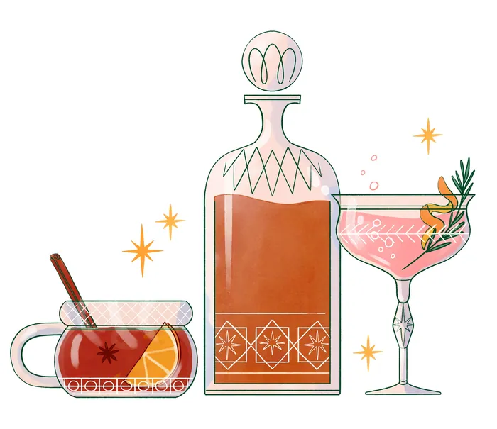 Illustration featuring cocktail bottle, glass with garnish, and cup of hot tea