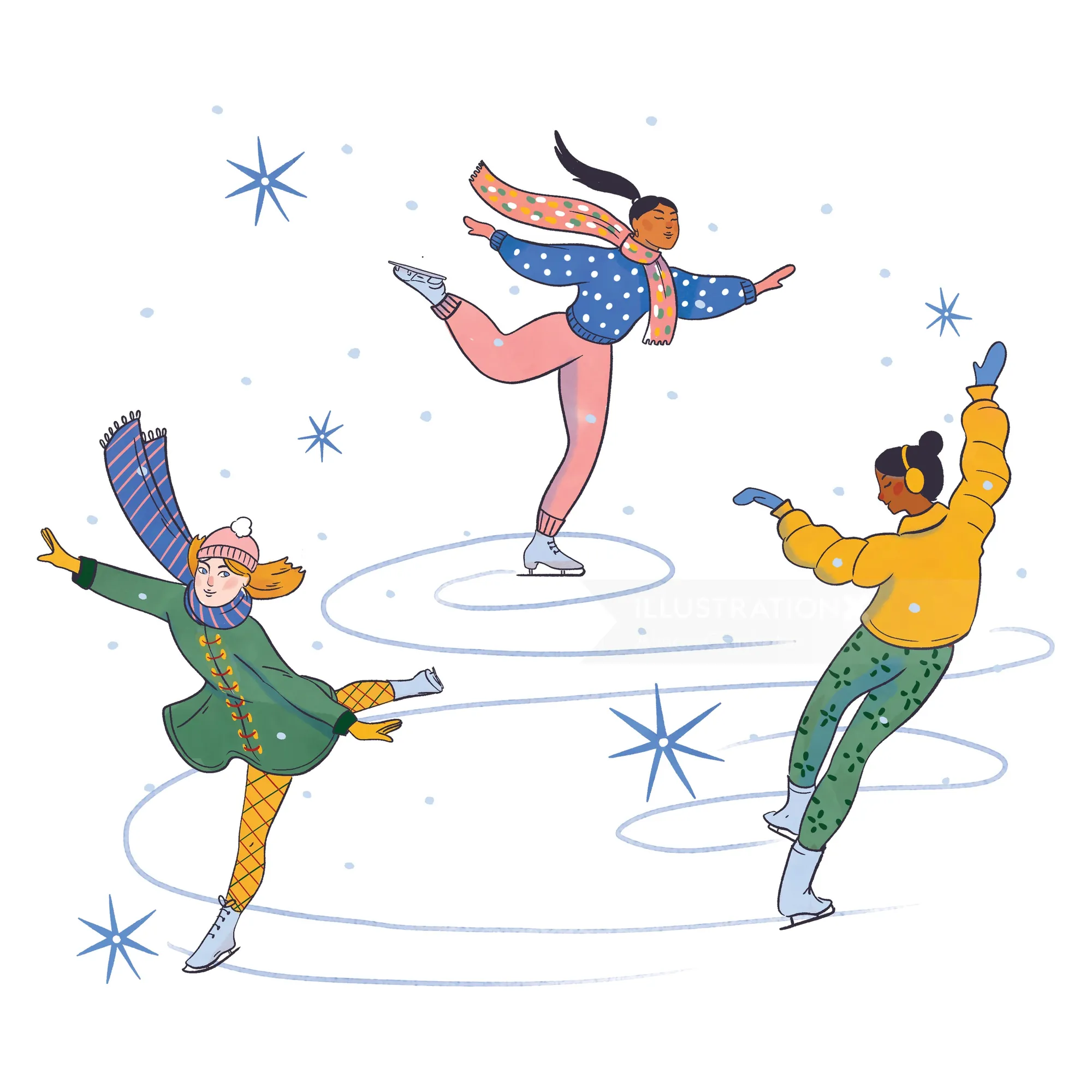 Three people ice skating joyfully surrounded by snowflakes