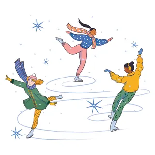 Three people ice skating joyfully surrounded by snowflakes