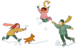 Children playing and throwing snowballs with a dog in snowy outdoor scene