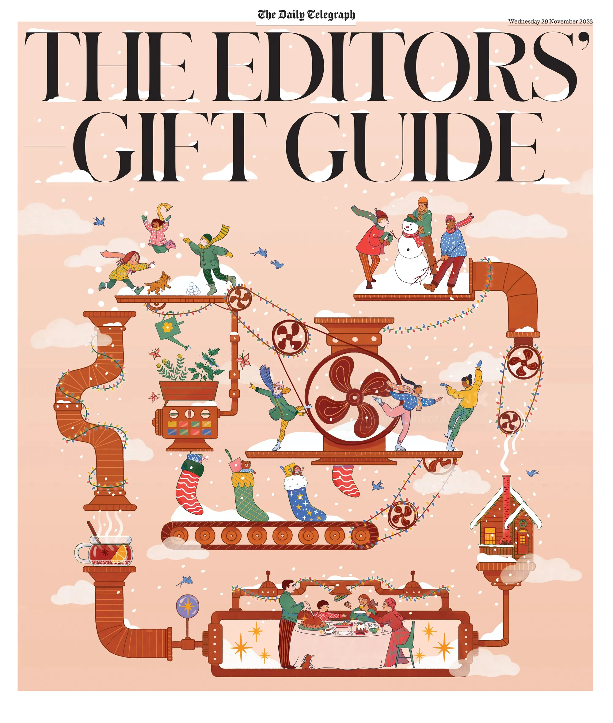 Illustration of whimsical gift-making machine with small characters