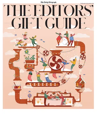 Illustration of whimsical gift-making machine with small characters