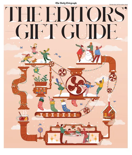Illustration of whimsical gift-making machine with small characters
