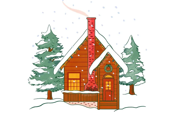 Cozy snow-covered cabin with chimney smoke and pine trees