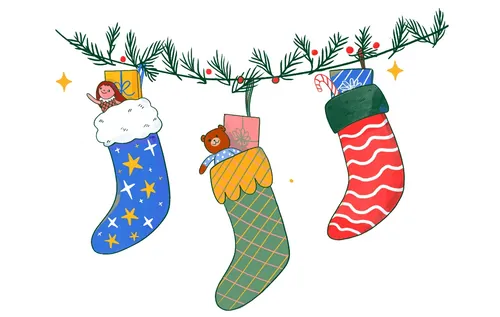 Three colorful Christmas stockings hanging with gifts and teddy bears