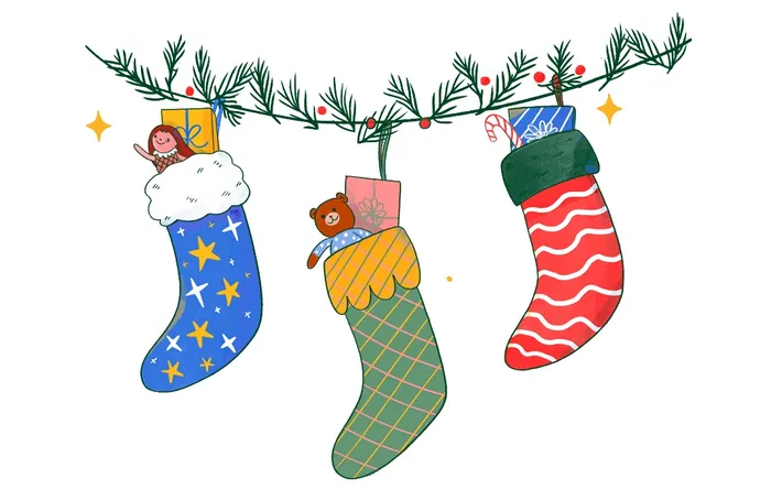 Three colorful Christmas stockings hanging with gifts and teddy bears