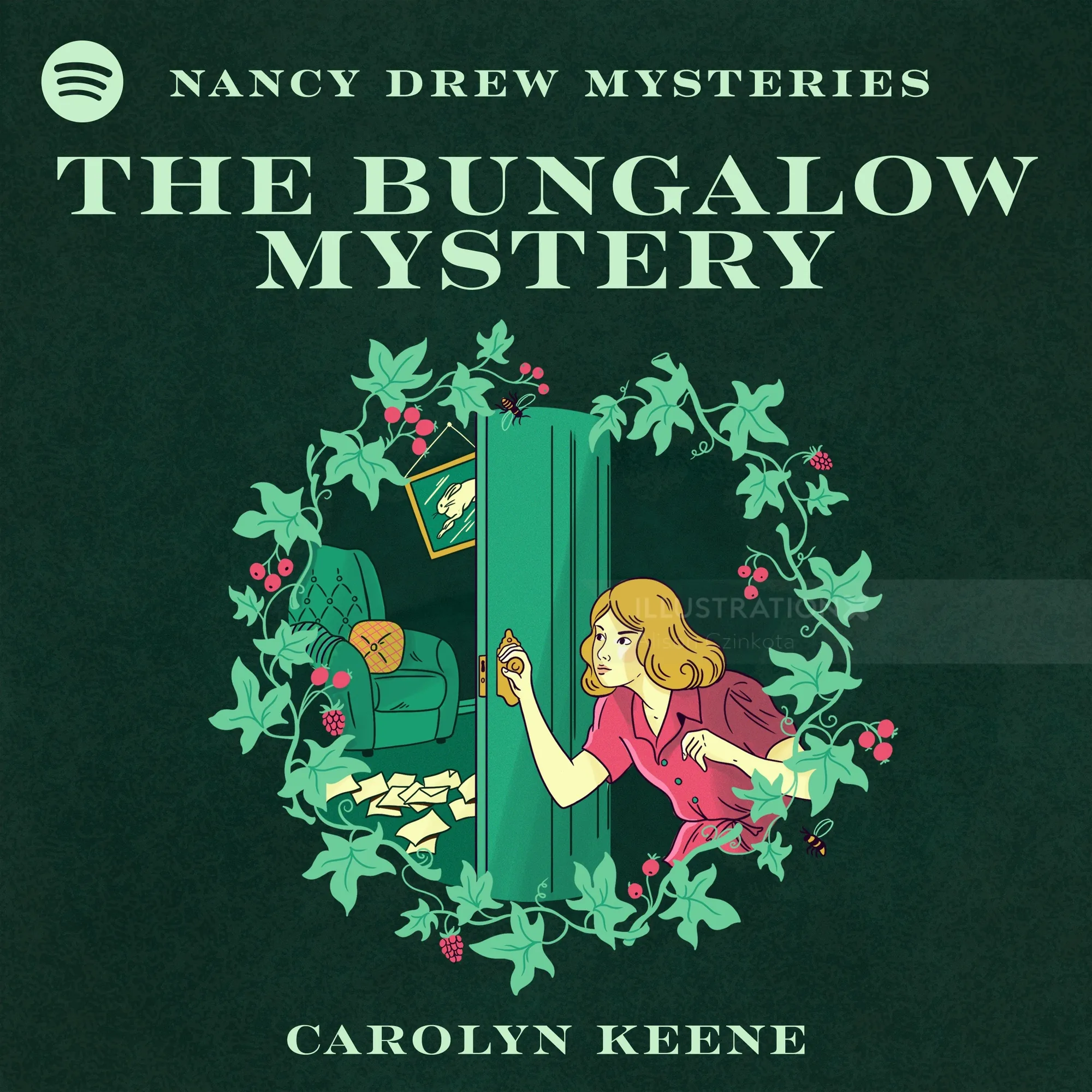 Nancy Drew peeking through a door surrounded by ivy, illustration by Alison Kerry