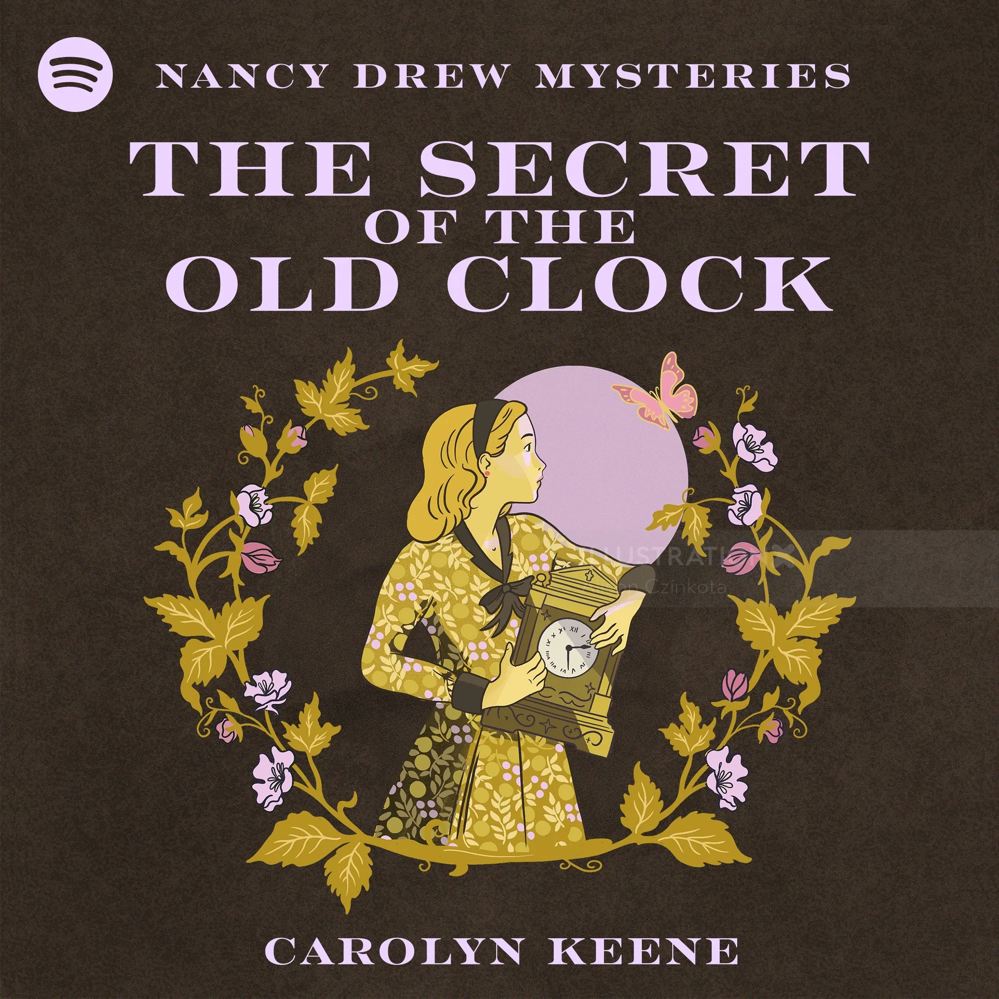 Nancy Drew holding a clock surrounded by floral wreath Alison Kerry