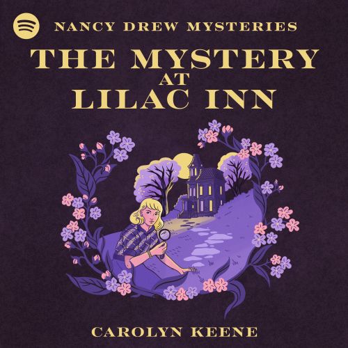 Illustration of Nancy Drew with magnifying glass near Lilac Inn, by Alison Kerry