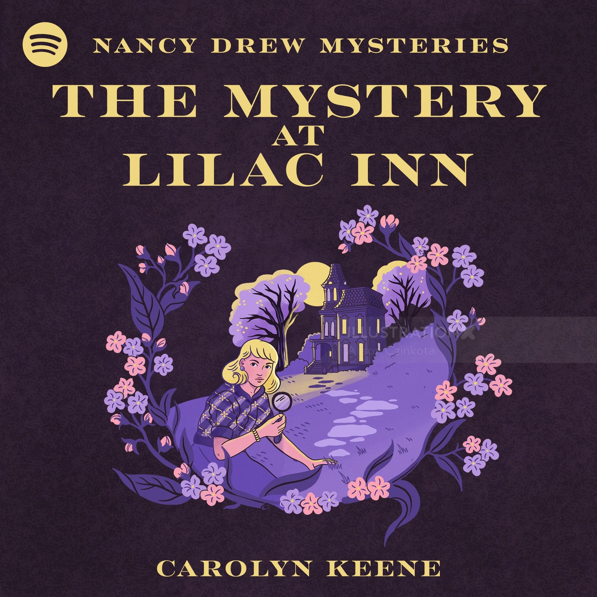 Illustration of Nancy Drew with magnifying glass near Lilac Inn, by Alison Kerry