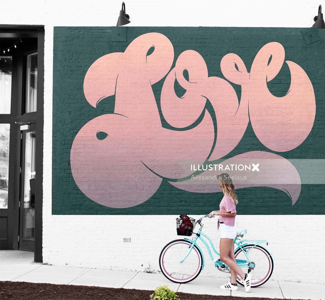 Graphic lettering Girl with bicycle at love sign
