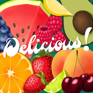 Letras gráficas de deliciosas frutas.