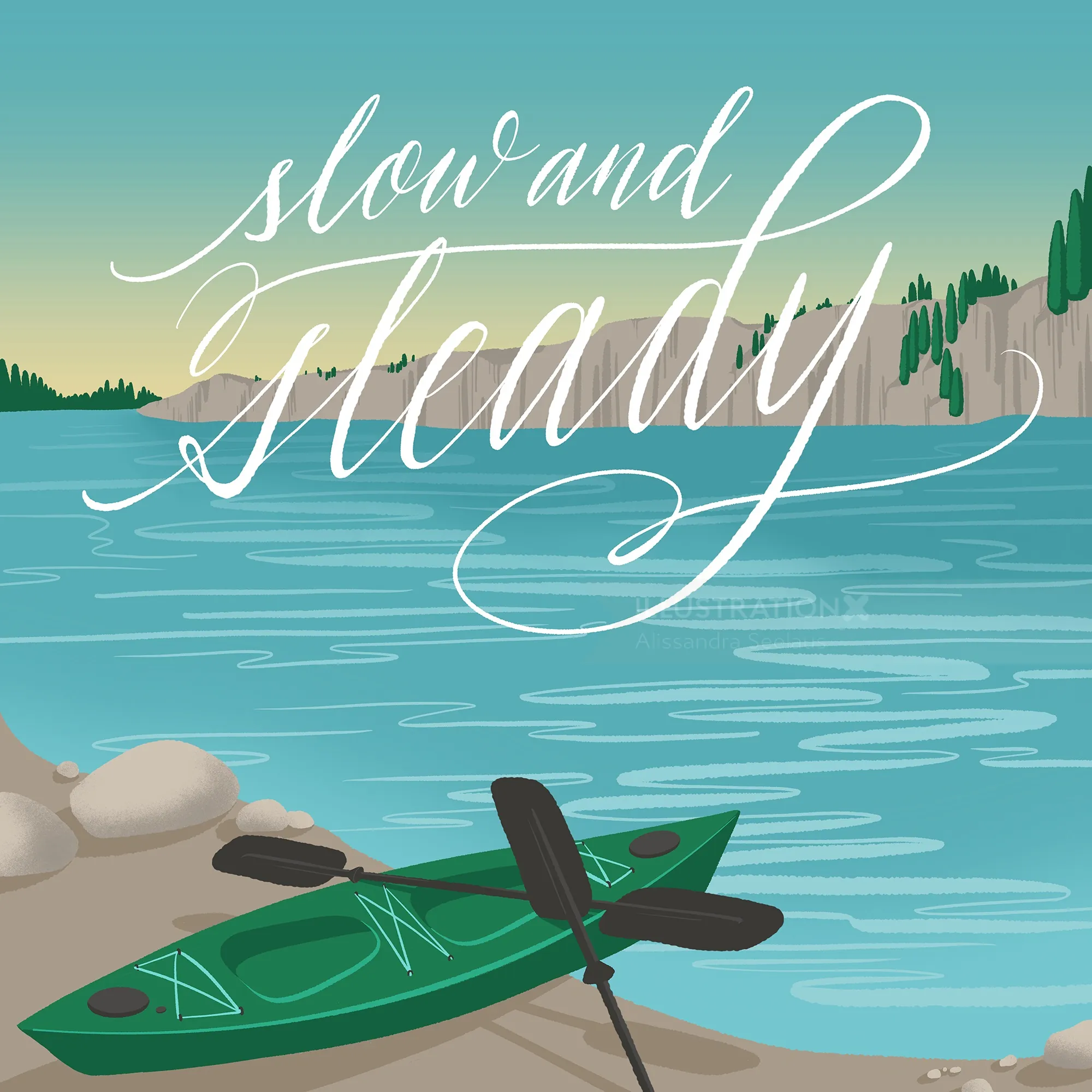Green kayak by calm lake with paddle and shoreline, artwork by Alissandra Seelaus