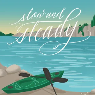 Green kayak by calm lake with paddle and shoreline, artwork by Alissandra Seelaus