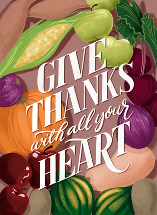 Thanksgiving card with vegetables and text by Alissandra Seelaus