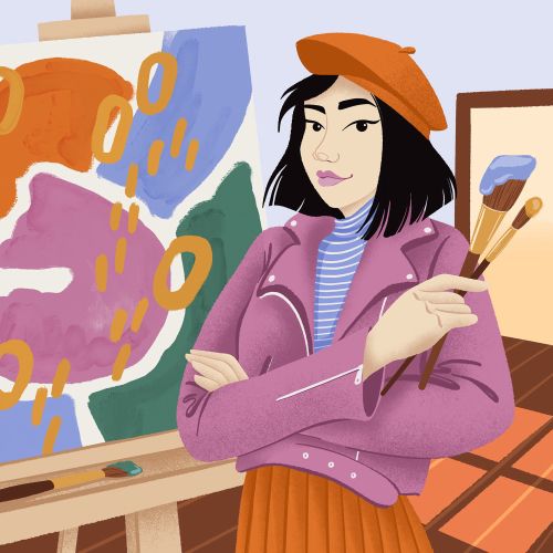 Female artist holding paintbrushes standing by colorful abstract canvas by Alissandra Seelaus