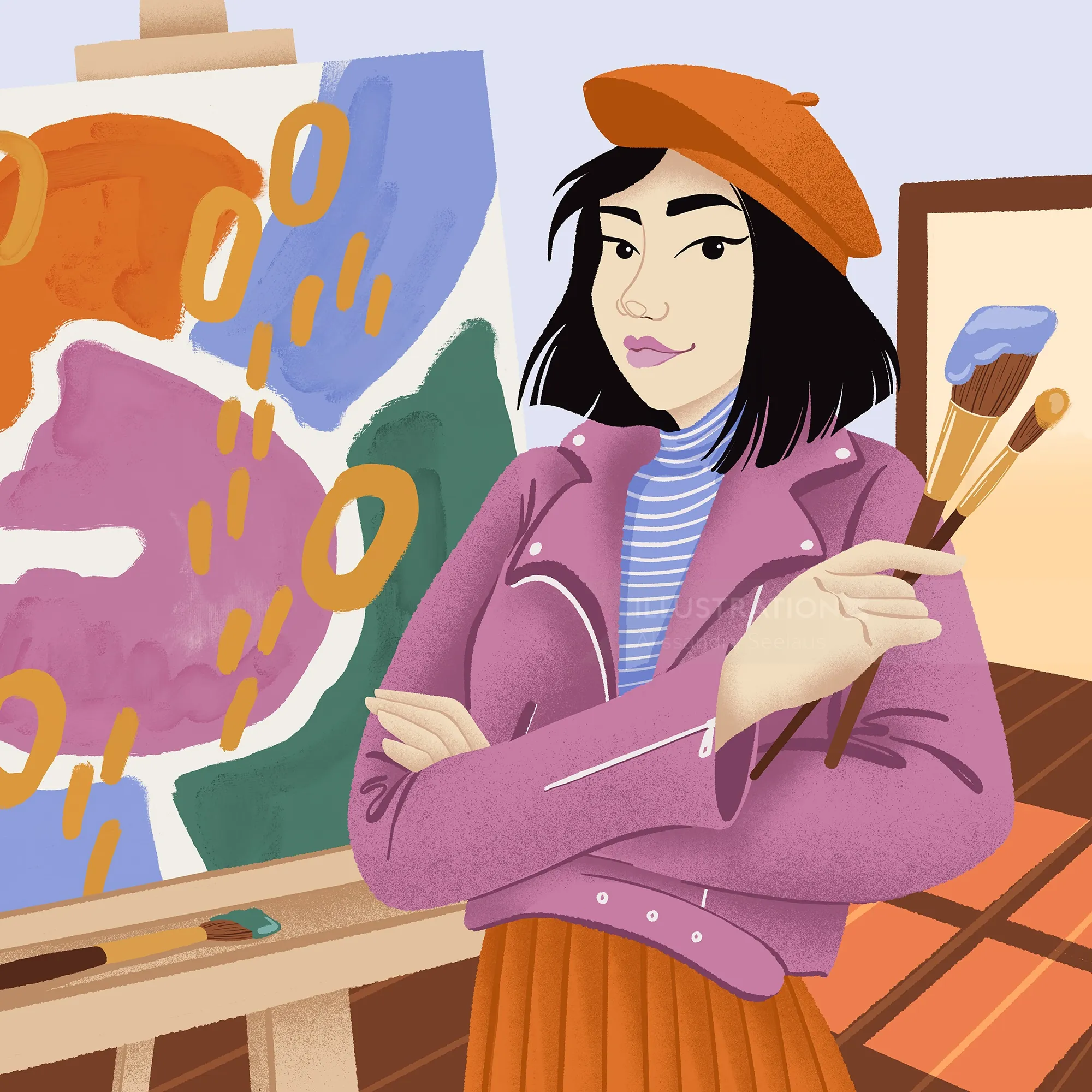 Female artist holding paintbrushes standing by colorful abstract canvas by Alissandra Seelaus