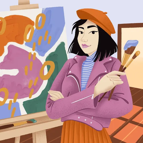Female artist holding paintbrushes standing by colorful abstract canvas by Alissandra Seelaus