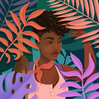 Digital portrait of a woman among vibrant tropical leaves by Alissandra Seelaus