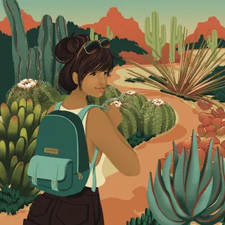 Woman with backpack examining desert cacti by Alissandra Seelaus