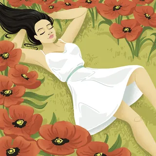 Woman lying among red poppies in a field by Alissandra Seelaus