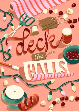 Holiday card flat-lay with string lights, ribbon, popcorn, and tags by Alissandra Seelaus