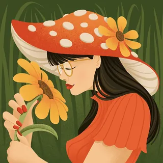 Woman wearing a red mushroom hat with white spots holding a yellow flower by Alissandra Seelaus
