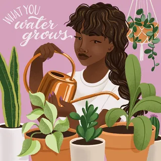 Woman watering indoor plants with copper watering can by Alissandra Seelaus