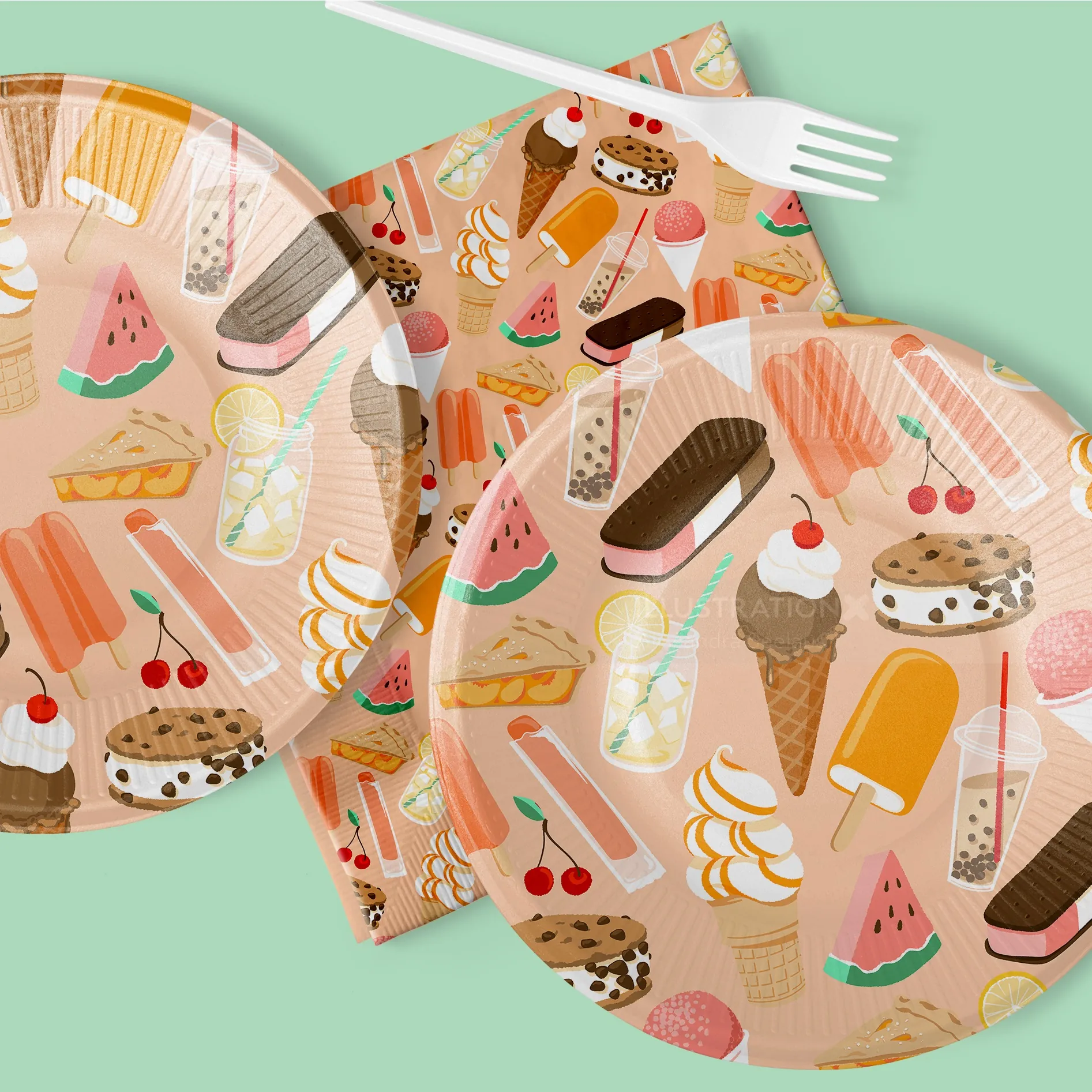 Summer desserts pattern on plates and napkins illustration by Alissandra Seelaus