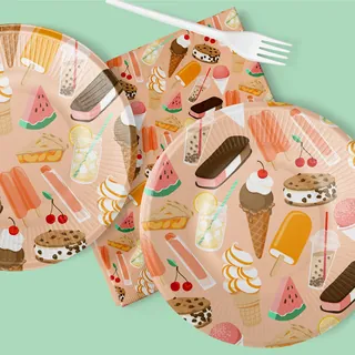 Summer desserts pattern on plates and napkins illustration by Alissandra Seelaus