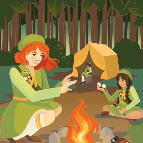 Girls camping and roasting marshmallows by campfire in forest by Alissandra Seelaus