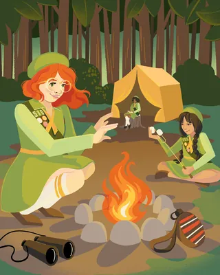 Girls camping and roasting marshmallows by campfire in forest by Alissandra Seelaus