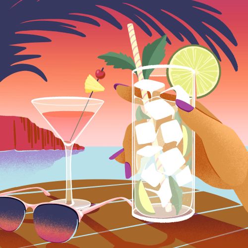 Tropical cocktail and martini glass by the beach at sunset, artwork by Alissandra Seelaus