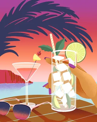 Tropical cocktail and martini glass by the beach at sunset, artwork by Alissandra Seelaus