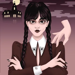 Illustration of Wednesday Addams with dark braids and gothic attire by Alissandra Seelaus