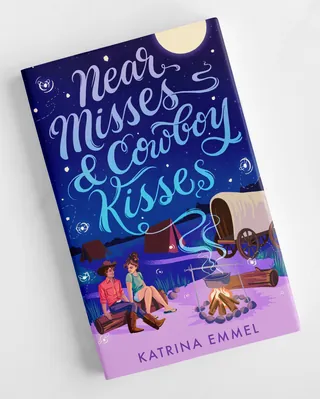 Book cover of YA romance Near Misses & Cowboy Kisses with campfire scene