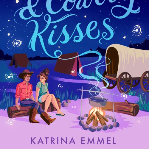 Young couple sitting by campfire under moon with covered wagon