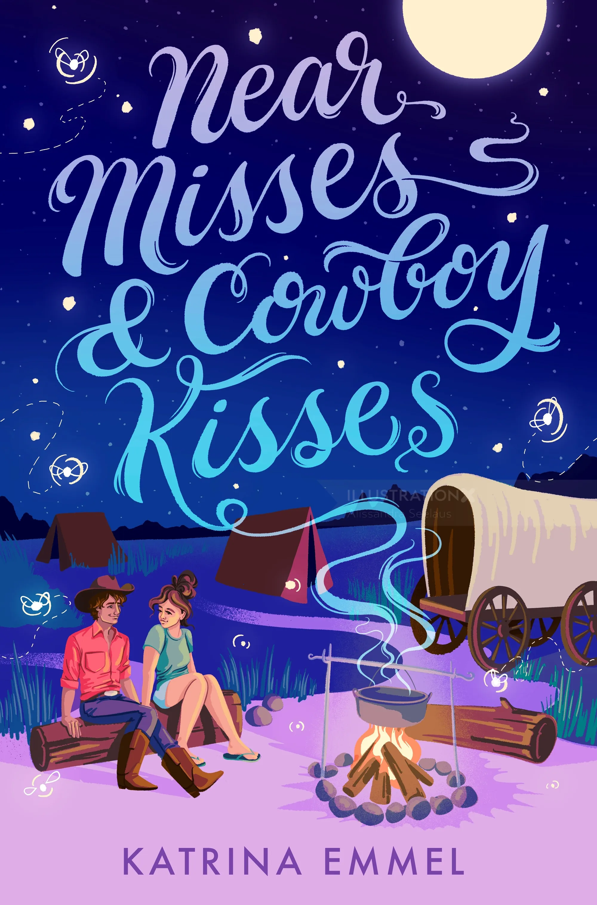 Young couple sitting by campfire under moon with covered wagon