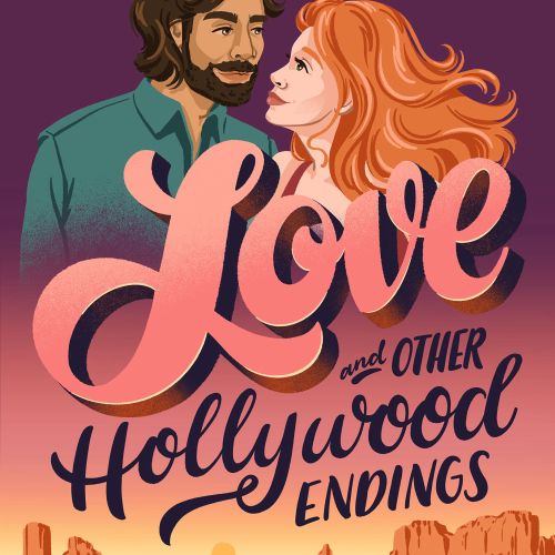 Illustrated romance novel cover with couple and desert landscape