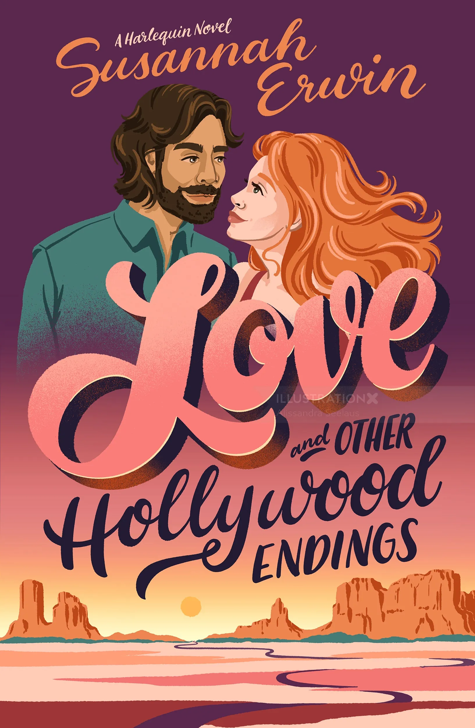 Illustrated romance novel cover with couple and desert landscape