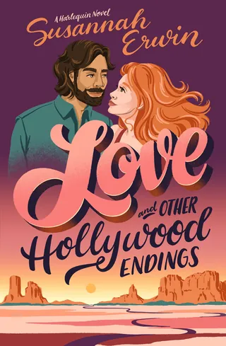 Illustrated romance novel cover with couple and desert landscape