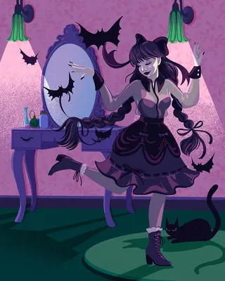 Dark Cinderella with bats and black cat by vanity mirror