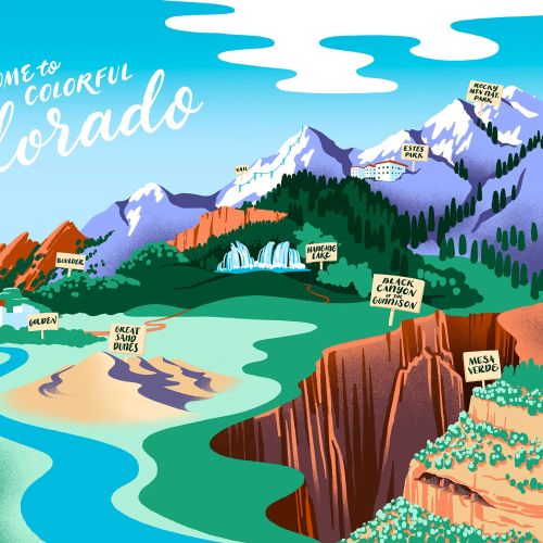 Colorful illustrated map of Colorado with mountains, rivers, and landmarks