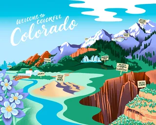 Colorful illustrated map of Colorado with mountains, rivers, and landmarks