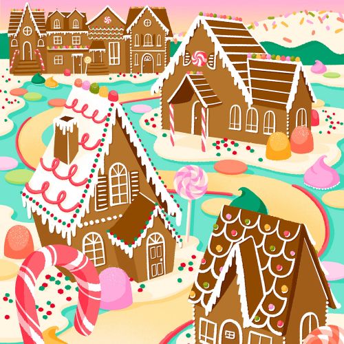 Colorful gingerbread houses decorated with candy in a festive village
